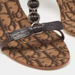 Dior Brown Leather and Canvas Embellished T Strap Sandals Size 39