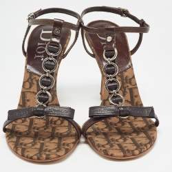 Dior Brown Leather and Canvas Embellished T Strap Sandals Size 39
