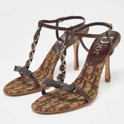 Dior Brown Leather and Canvas Embellished T Strap Sandals Size 39