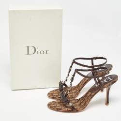 Dior Brown Leather and Canvas Embellished T Strap Sandals Size 39