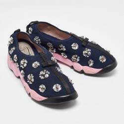 Pre Owned Dior Navy Blue Mesh Fusion Floral Embellished Slip On Sneakers Size 39