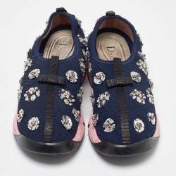 Pre Owned Dior Navy Blue Mesh Fusion Floral Embellished Slip On Sneakers Size 39