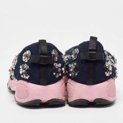 Pre Owned Dior Navy Blue Mesh Fusion Floral Embellished Slip On Sneakers Size 39