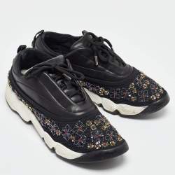 Pre Owned Dior Black Leather and Mesh Beads Embellished Low Top Sneakers Size 42