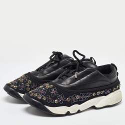 Pre Owned Dior Black Leather and Mesh Beads Embellished Low Top Sneakers Size 42