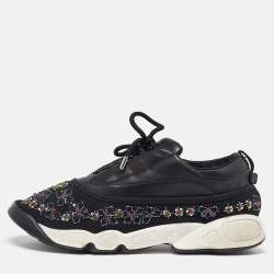 Pre Owned Dior Black Leather and Mesh Beads Embellished Low Top Sneakers Size 42