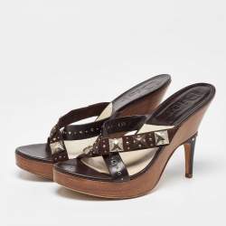 Dior Brown Suede and Leather Studded Platform Slide Sandals Size 40.5