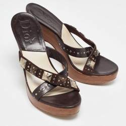 Dior Brown Suede and Leather Studded Platform Slide Sandals Size 40.5
