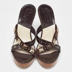 Dior Brown Suede and Leather Studded Platform Slide Sandals Size 40.5