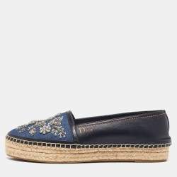 Pre Owned Dior Blue Leather and Denim Crystal Embellished Flat Espadrilles Size 38.5