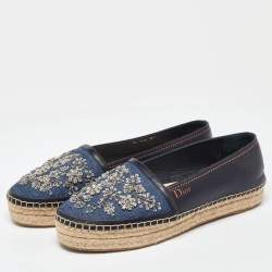 Pre Owned Dior Blue Leather and Denim Crystal Embellished Flat Espadrilles Size 38.5