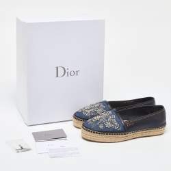 Pre Owned Dior Blue Leather and Denim Crystal Embellished Flat Espadrilles Size 38.5