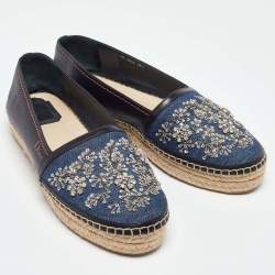 Pre Owned Dior Blue Leather and Denim Crystal Embellished Flat Espadrilles Size 38.5
