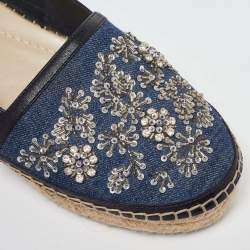 Pre Owned Dior Blue Leather and Denim Crystal Embellished Flat Espadrilles Size 38.5