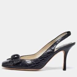 Pre Owned Dior Black Croc Embossed Leather Slingback Pumps Size 37.5