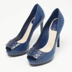 Dior Navy Blue Leather Peep Toe Platform Pumps Size 36