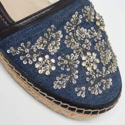 Dior Blue Canvas and Leather Crystal Embellished Espadrille Loafers Size 39 