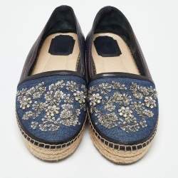 Dior Blue Canvas and Leather Crystal Embellished Espadrille Loafers Size 39 