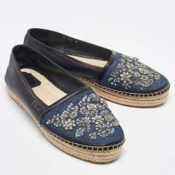 Dior Blue Canvas and Leather Crystal Embellished Espadrille Loafers Size 39 