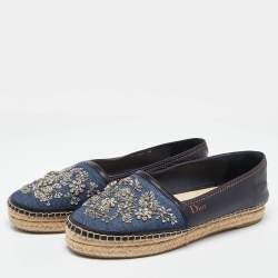 Dior Blue Canvas and Leather Crystal Embellished Espadrille Loafers Size 39 
