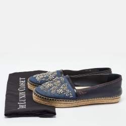 Dior Blue Canvas and Leather Crystal Embellished Espadrille Loafers Size 39 