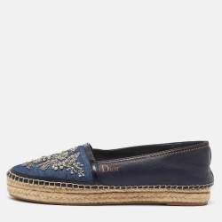 Dior Blue Canvas and Leather Crystal Embellished Espadrille Loafers Size 39 