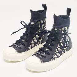 Dior Navy Blue Fabric and Leather Walk'n'Dior High Top Sneakers Size 34.5