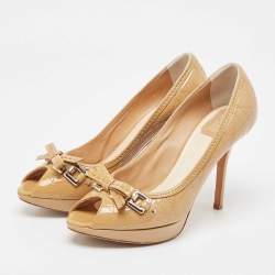 Dior Beige Cannage Patent Bow Peep Toe Pumps Size 38.5
