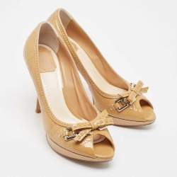 Dior Beige Cannage Patent Bow Peep Toe Pumps Size 38.5