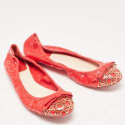 Pre Owned Dior Red Cannage Patent Leather Bow Ballet Flats Size 38.5