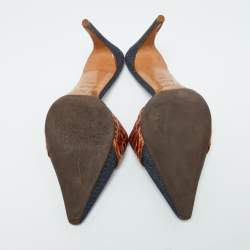 Dior Blue/Brown Denim and Croc Embossed Leather Denim Mules Size 36.5