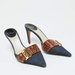 Dior Blue/Brown Denim and Croc Embossed Leather Denim Mules Size 36.5