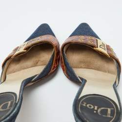 Dior Blue/Brown Denim and Croc Embossed Leather Denim Mules Size 36.5