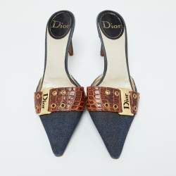 Dior Blue/Brown Denim and Croc Embossed Leather Denim Mules Size 36.5