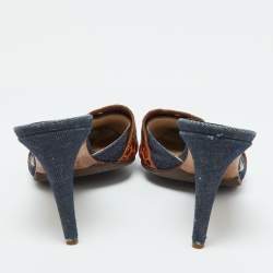 Dior Blue/Brown Denim and Croc Embossed Leather Denim Mules Size 36.5