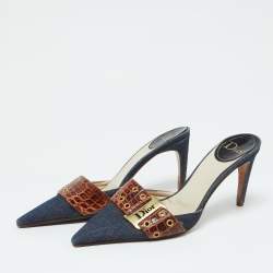 Dior Blue/Brown Denim and Croc Embossed Leather Denim Mules Size 36.5