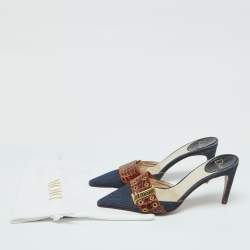 Dior Blue/Brown Denim and Croc Embossed Leather Denim Mules Size 36.5