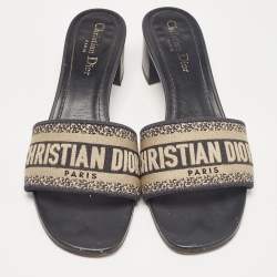Dior Navy Blue/White Embroidered Canvas Dway Slide Sandals Size 39.5