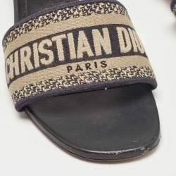 Dior Navy Blue/White Embroidered Canvas Dway Slide Sandals Size 39.5