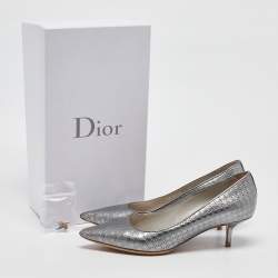 Pre Owned Dior Silver Cannage Patent Pointed Toe Pumps Size 37