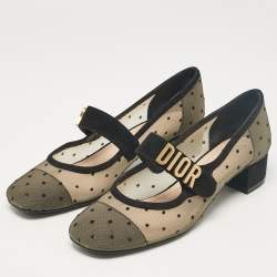 Dior Beige/Black Mesh and Suede Mary Jane Pumps Size 35.5