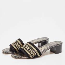 Pre Owned Dior Black/Gold Fabric Dway Slide Sandals Size 37.5