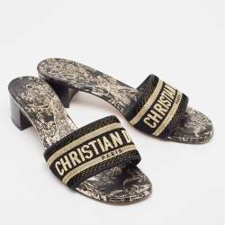 Pre Owned Dior Black/Gold Fabric Dway Slide Sandals Size 37.5