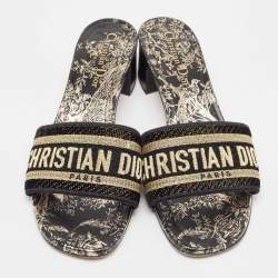 Pre Owned Dior Black/Gold Fabric Dway Slide Sandals Size 37.5