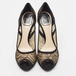 Dior Black Lace and Suede Peep Toe Pumps Size 38.5