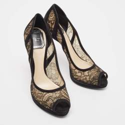 Dior Black Lace and Suede Peep Toe Pumps Size 38.5