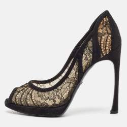 Dior Black Lace and Suede Peep Toe Pumps Size 38.5