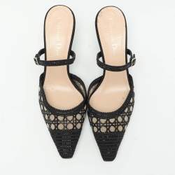 Dior Black Embellished Mesh Dior Capture Ankle Strap Mules Size 36.5