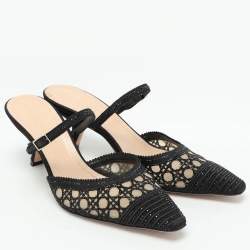 Dior Black Embellished Mesh Dior Capture Ankle Strap Mules Size 36.5