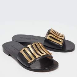 Dior Black Leather Dior Evolution Flat Slides Size 34